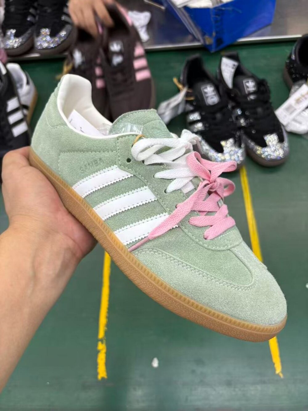 Adidas Samba Green Suede White Stripe Pink Lace Shoes